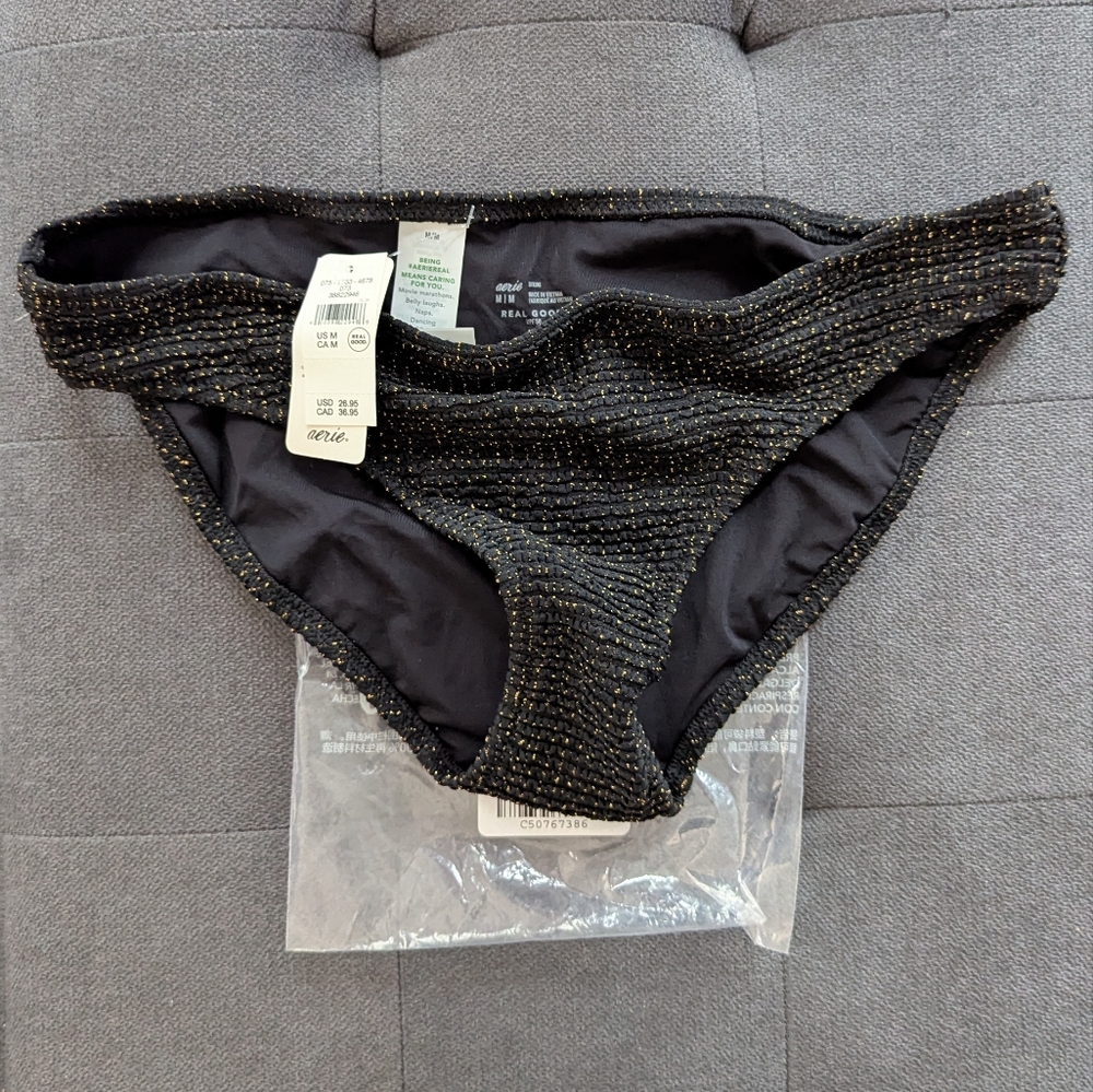 NWT - Aerie Black and Gold Textured Bikini Bottom